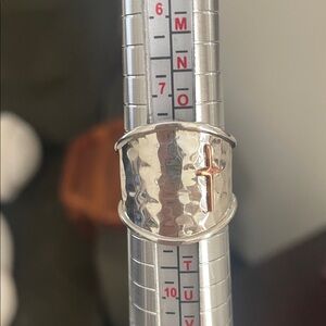 Silver Hammered Ring with Gold Cross